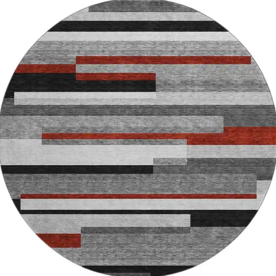8' Gray Red And Silver Striped Washable Round Rug With UV Protection Photo 3