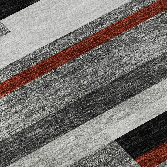 8' Gray Red And Silver Striped Washable Round Rug With UV Protection Photo 8