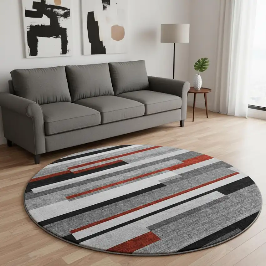 8' Gray Red And Silver Striped Washable Round Rug With UV Protection Photo 2