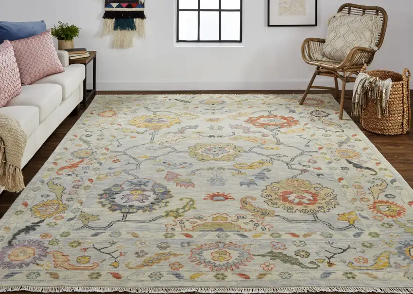 8' Gray Red and Yellow Wool Oriental Hand Knotted Runner Rug With Fringe Photo 9