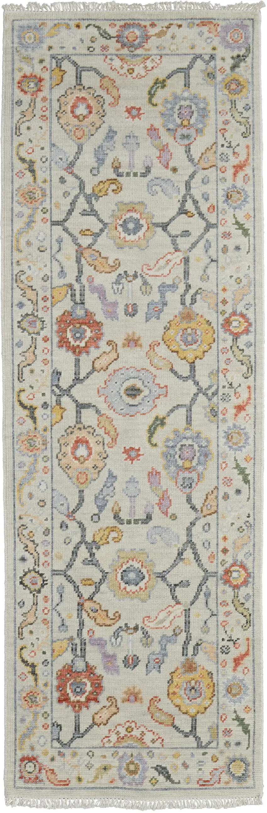 8' Gray Red and Yellow Wool Oriental Hand Knotted Runner Rug With Fringe Photo 2