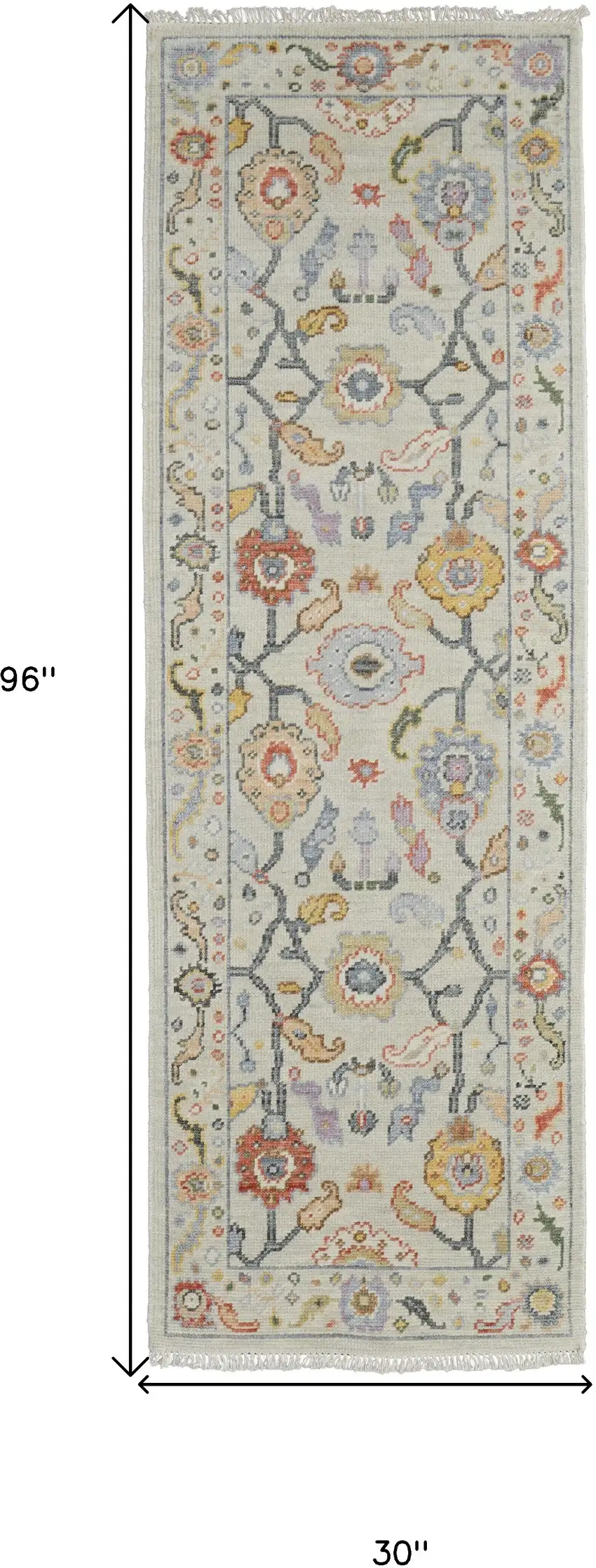 8' Gray Red and Yellow Wool Oriental Hand Knotted Runner Rug With Fringe Photo 3