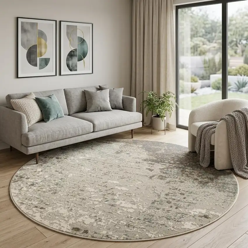 8' Gray And Ivory Abstract Round Rug Photo 1