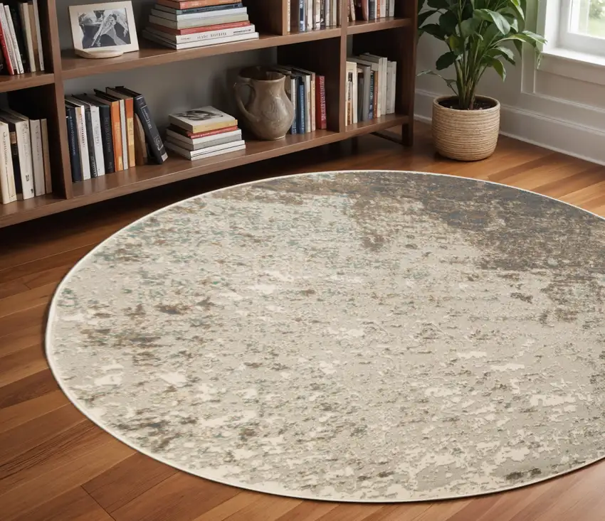 8' Gray and Dark Gray Abstract Power Loom Round Rug Photo 1