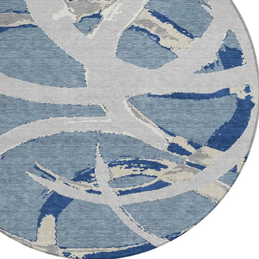 8' Gray Round Abstract Washable Indoor Outdoor Area Rug Photo 4