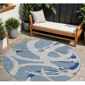 Photo of 8' Gray Round Abstract Washable Indoor Outdoor Area Rug