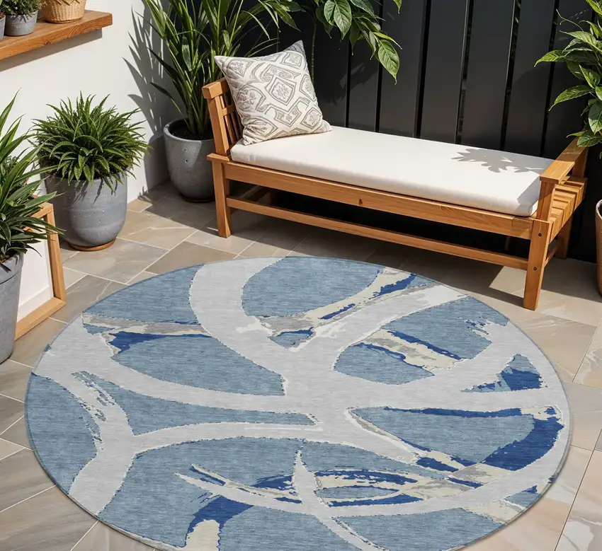 8' Gray Round Abstract Washable Indoor Outdoor Area Rug Photo 1