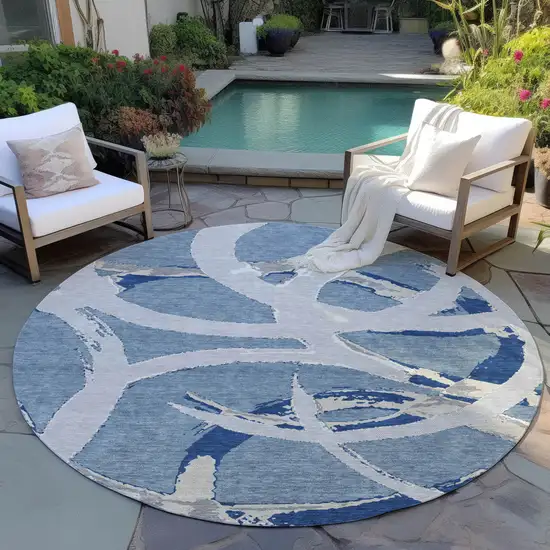 8' Gray Round Abstract Washable Indoor Outdoor Area Rug Photo 7