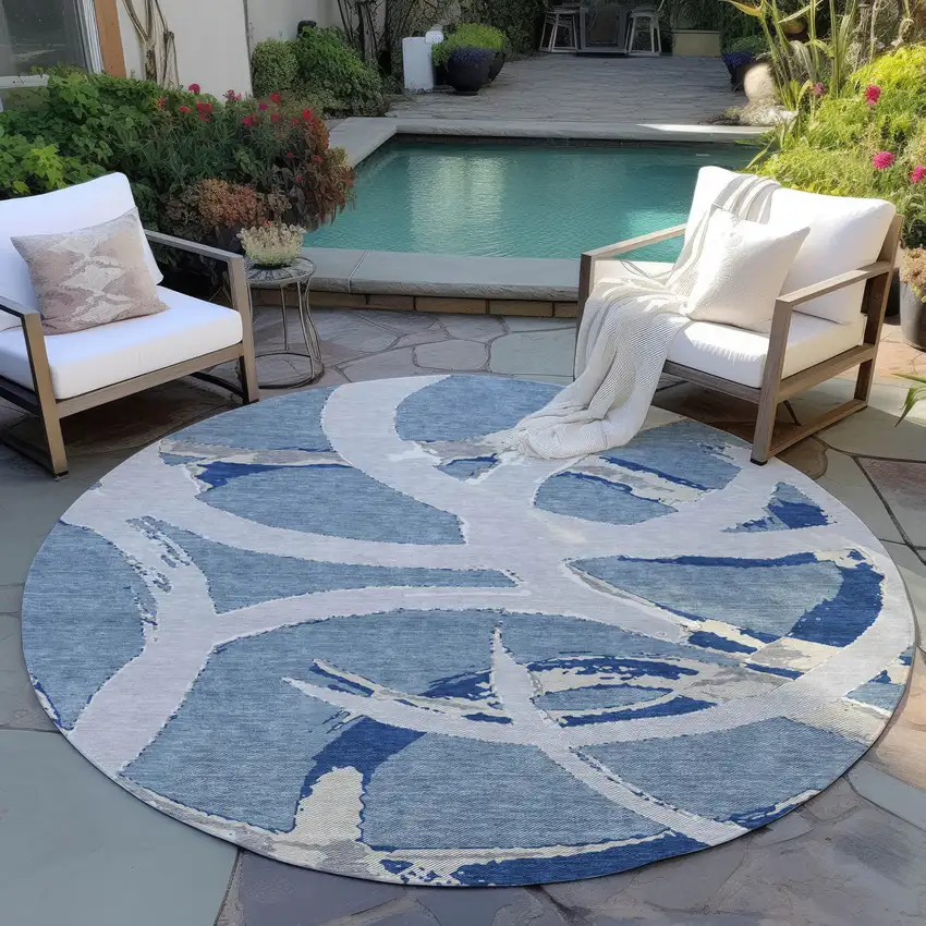 8' Gray Round Abstract Washable Indoor Outdoor Area Rug Photo 7