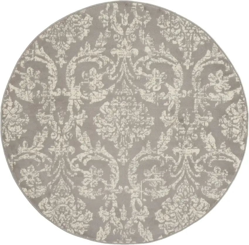5' Gray Round Damask Power Loom Area Rug Photo 3
