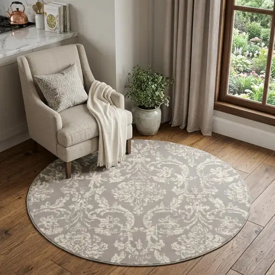 5' Gray Round Damask Power Loom Area Rug Photo 1