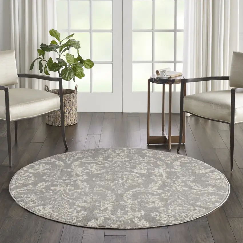 5' Gray Round Damask Power Loom Area Rug Photo 5