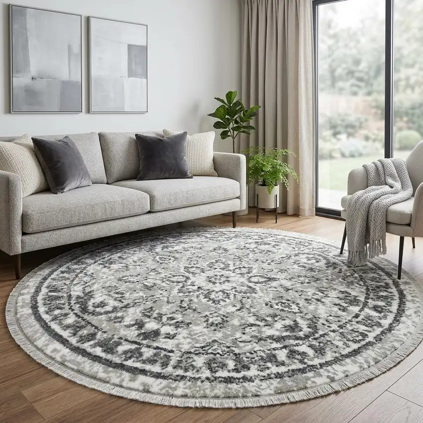 8' Gray and Dark Gray Floral Power Loom Round Rug Photo 1