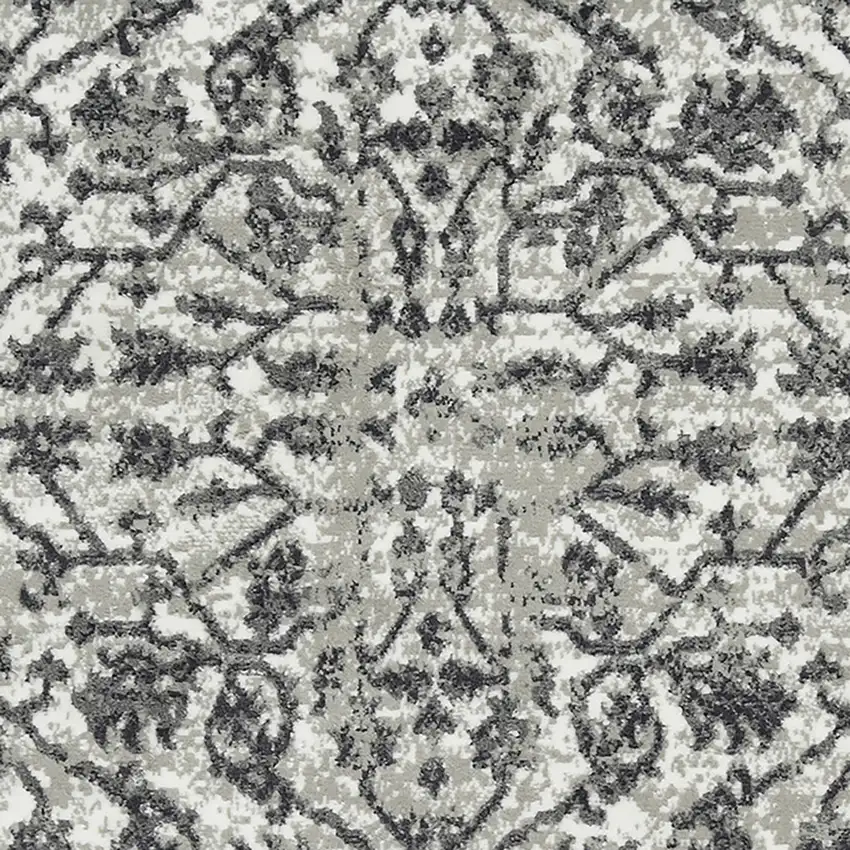 8' Gray Round Floral Power Loom Area Rug With Fringe Photo 5