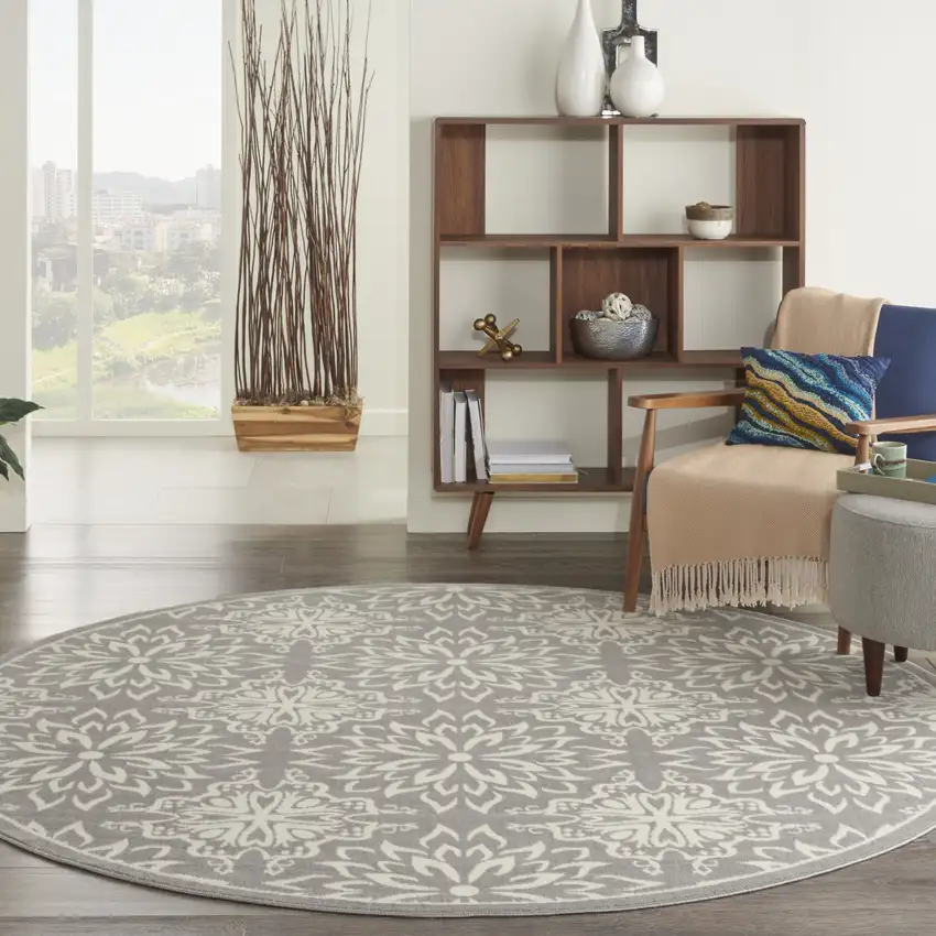 8' Gray Round Floral Power Loom Area Rug Photo 5