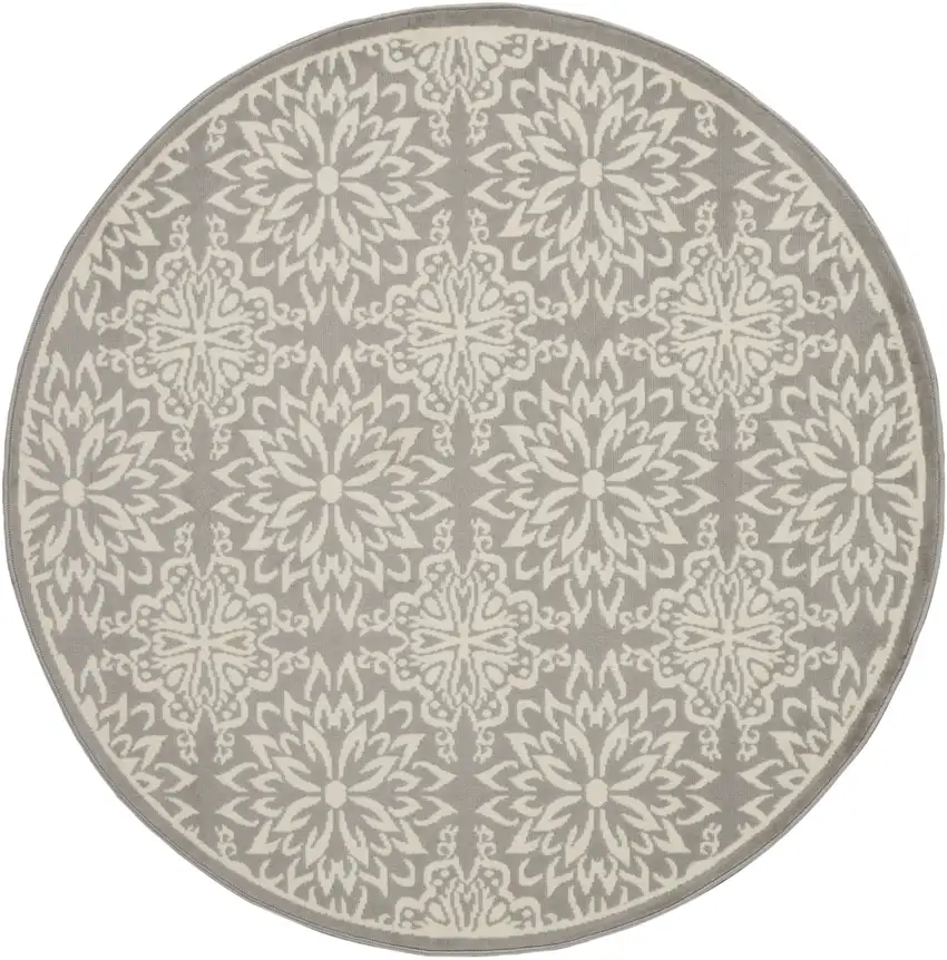 8' Gray Round Floral Power Loom Area Rug Photo 4
