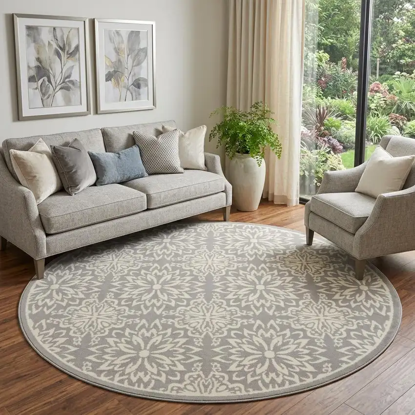 8' Gray Round Floral Power Loom Area Rug Photo 1