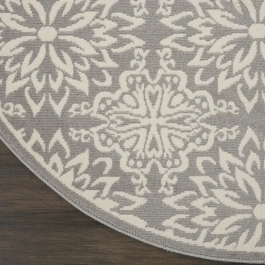 8' Gray Round Floral Power Loom Area Rug Photo 9