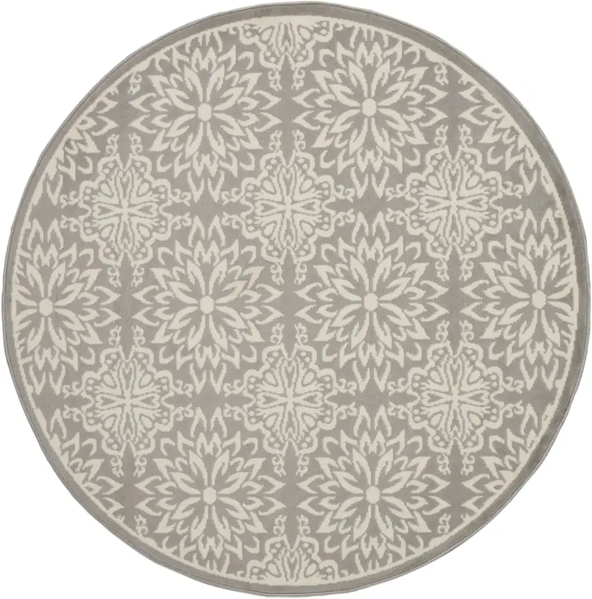 8' Gray Round Floral Power Loom Area Rug Photo 1