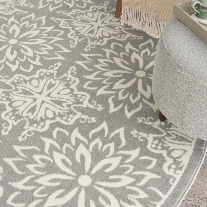 8' Gray Round Floral Power Loom Area Rug Photo 6