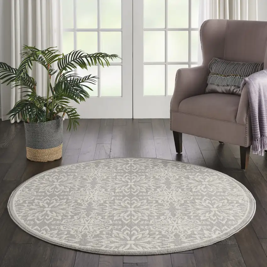 5' Gray Round Floral Power Loom Area Rug Photo 5