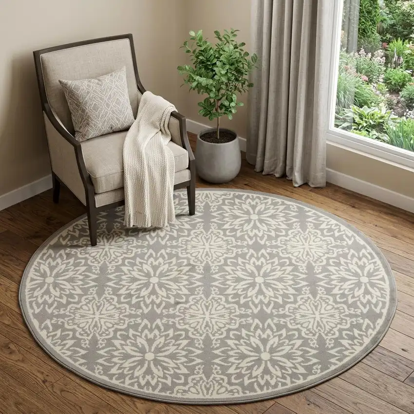 5' Gray Round Floral Power Loom Area Rug Photo 1
