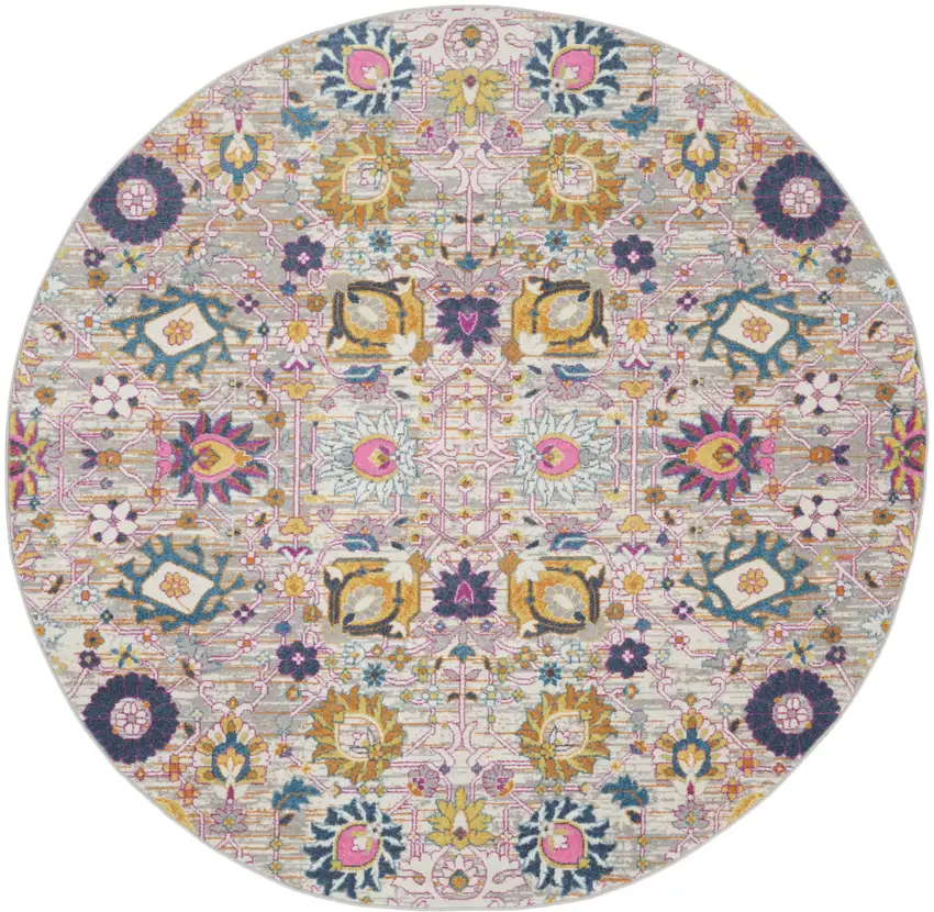 8' Gray Round Floral Power Loom Area Rug Photo 1