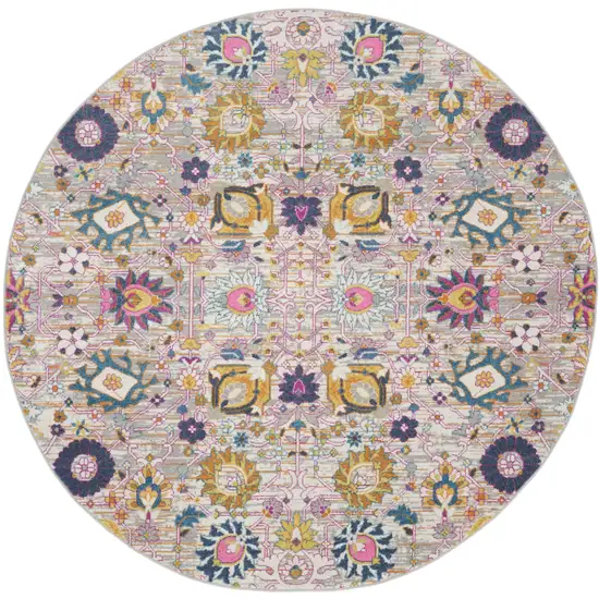 8' Gray Round Floral Power Loom Area Rug Photo 2