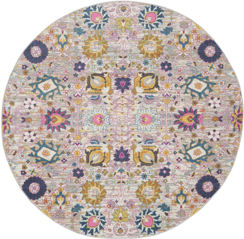 8' Gray Round Floral Power Loom Area Rug Photo 2