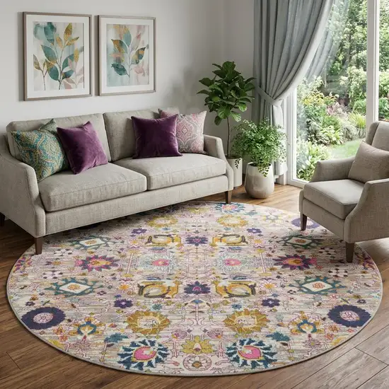 8' Gray Round Floral Power Loom Area Rug Photo 1