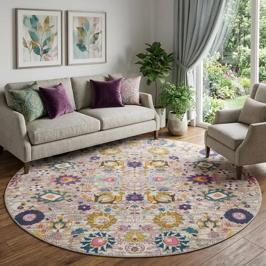 8' Gray Round Floral Power Loom Area Rug Photo 1