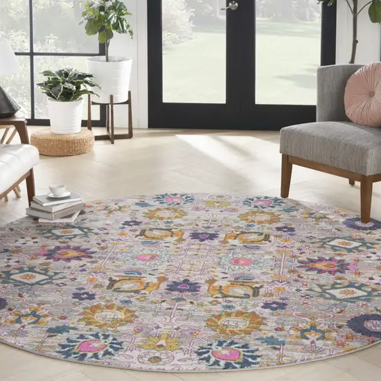 8' Gray Round Floral Power Loom Area Rug Photo 4