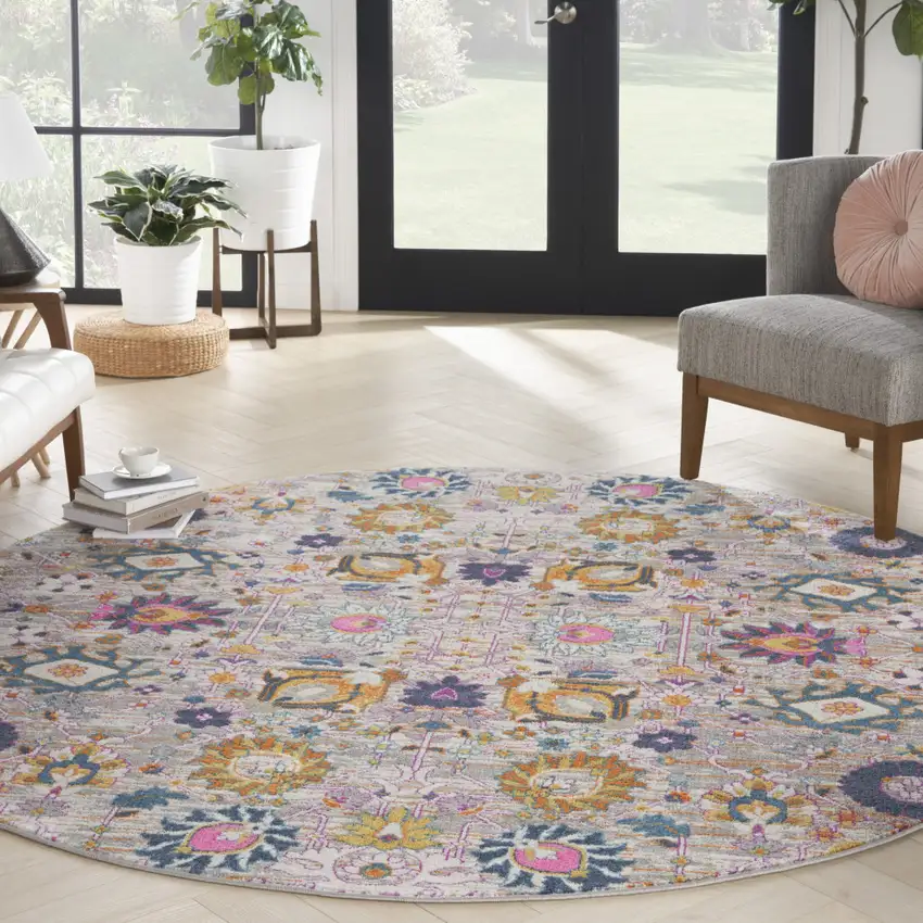 8' Gray Round Floral Power Loom Area Rug Photo 4