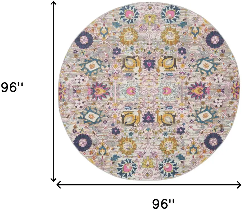 8' Gray Round Floral Power Loom Area Rug Photo 3