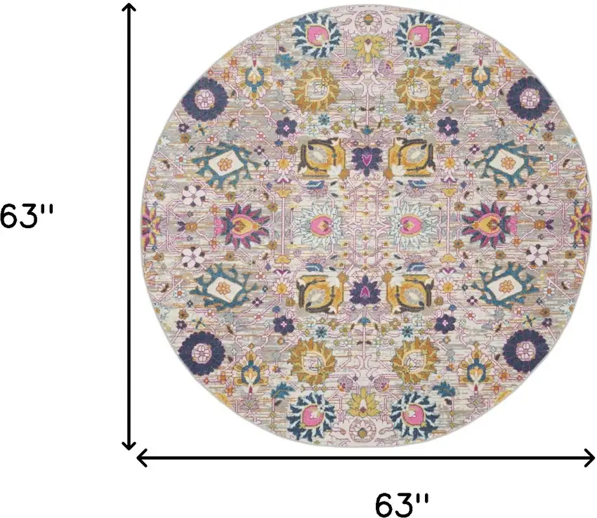 5' Gray Round Floral Power Loom Area Rug Photo 3