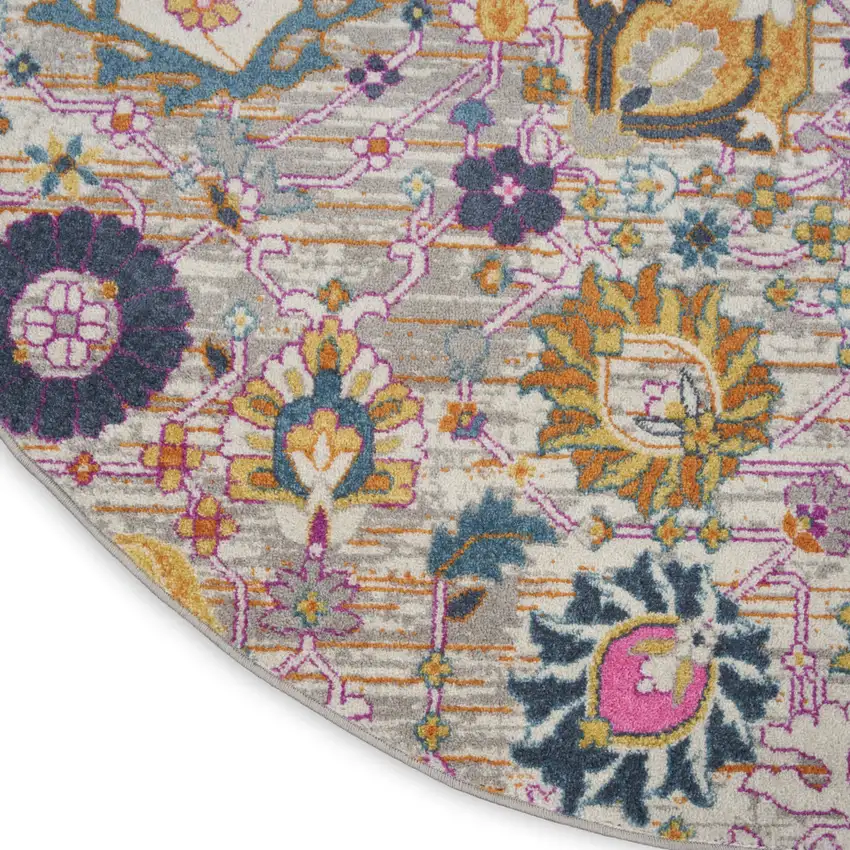 5' Gray Round Floral Power Loom Area Rug Photo 8