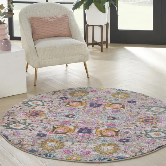 5' Gray Round Floral Power Loom Area Rug Photo 4