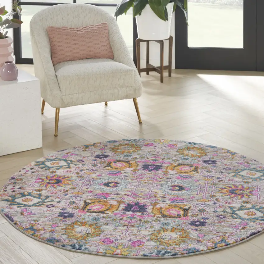 5' Gray Round Floral Power Loom Area Rug Photo 4