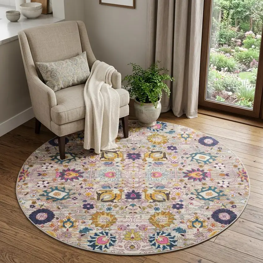 5' Gray Round Floral Power Loom Area Rug Photo 1