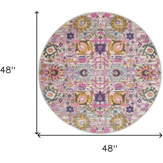 4' Gray Round Floral Power Loom Area Rug Photo 3