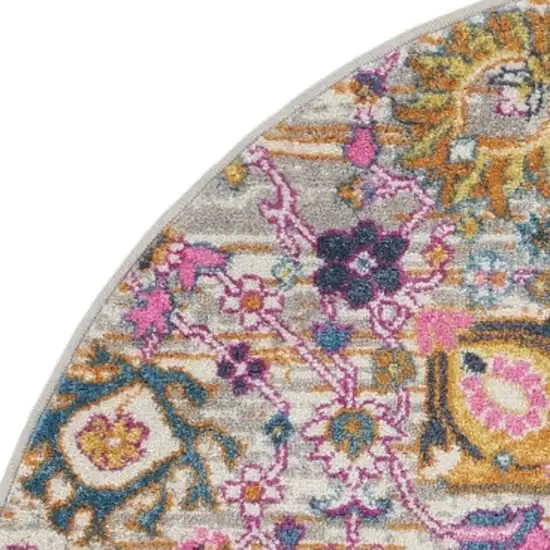 4' Gray Round Floral Power Loom Area Rug Photo 3