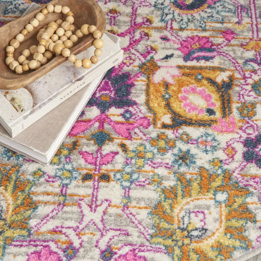 4' Gray Round Floral Power Loom Area Rug Photo 8