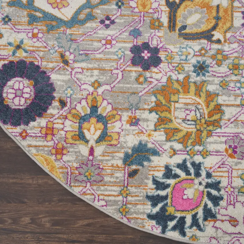 4' Gray Round Floral Power Loom Area Rug Photo 3