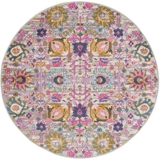 4' Gray Round Floral Power Loom Area Rug Photo 4