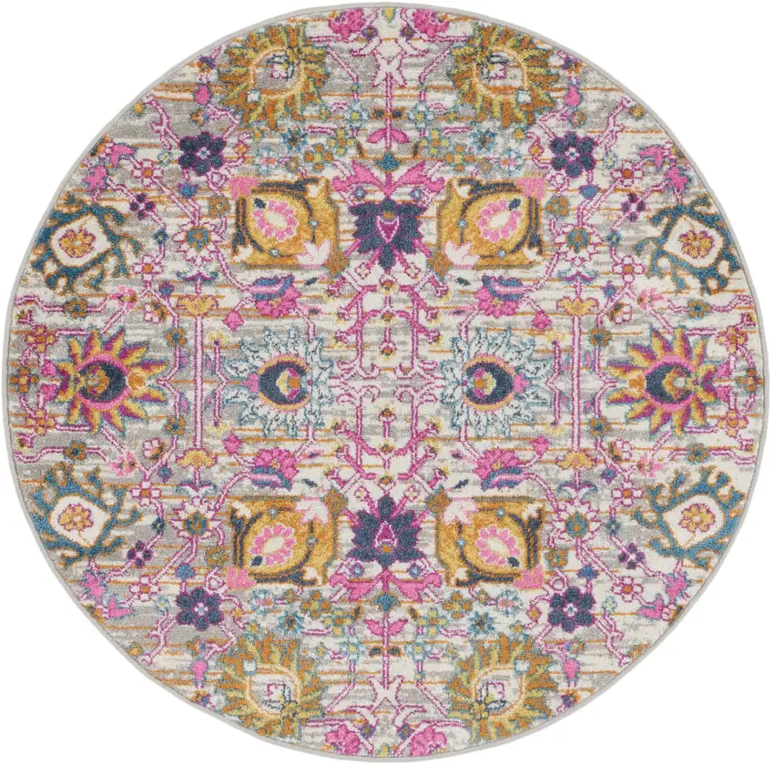 4' Gray Round Floral Power Loom Area Rug Photo 4