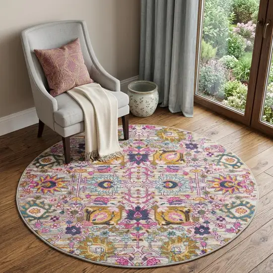 4' Gray Round Floral Power Loom Area Rug Photo 1