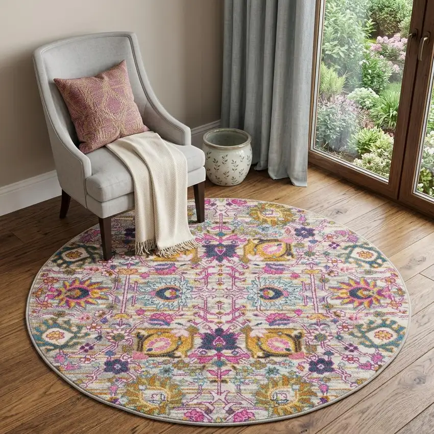 4' Gray Round Floral Power Loom Area Rug Photo 1