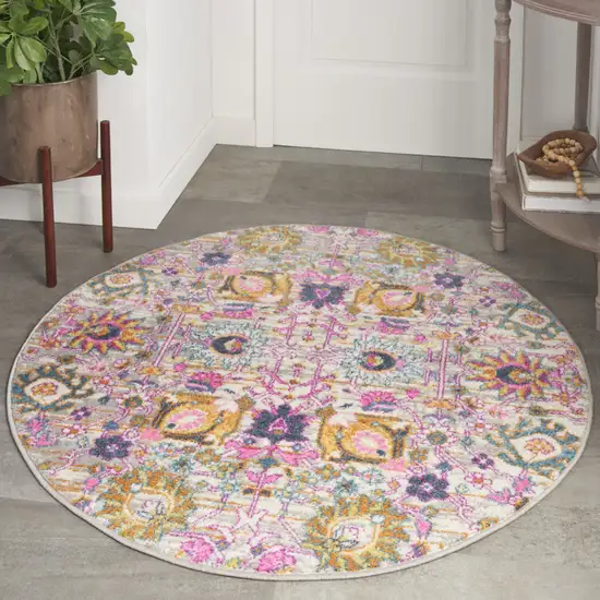 4' Gray Round Floral Power Loom Area Rug Photo 5