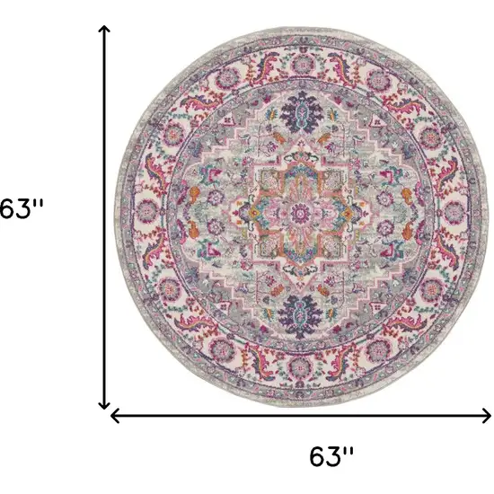 5' Gray Round Floral Power Loom Area Rug Photo 3