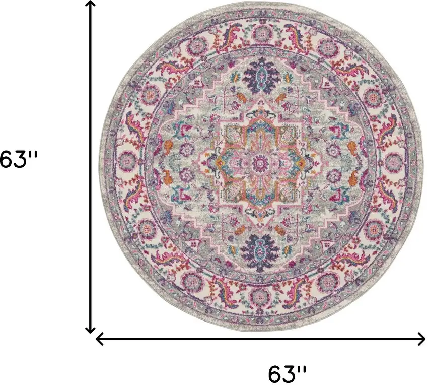 5' Gray Round Floral Power Loom Area Rug Photo 3